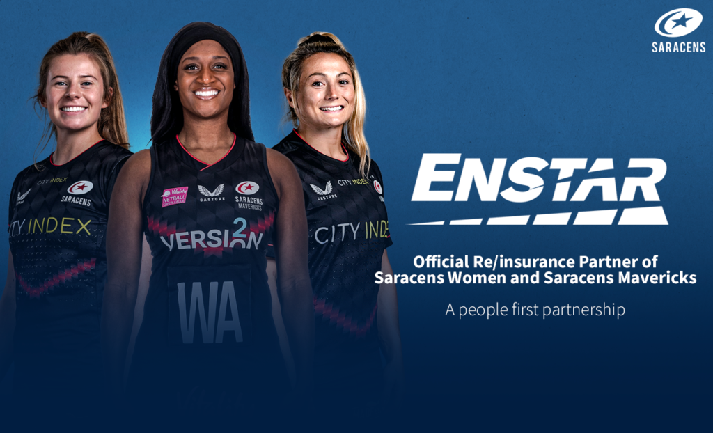Official Reinsurance Partner of Saracens Women and Saracens Mavericks, a people first partnership, with 3 team members shown